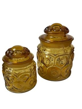 Vintage LE Smith Moon & Stars Canisters Amber Glass Set of 2 - 7”, 5”